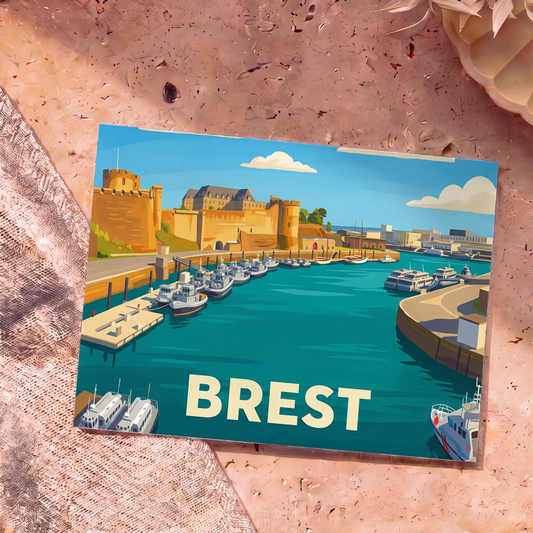 Carte postale souvenir de la ville de Brest avec une illustration stylisée de son château et de son port.