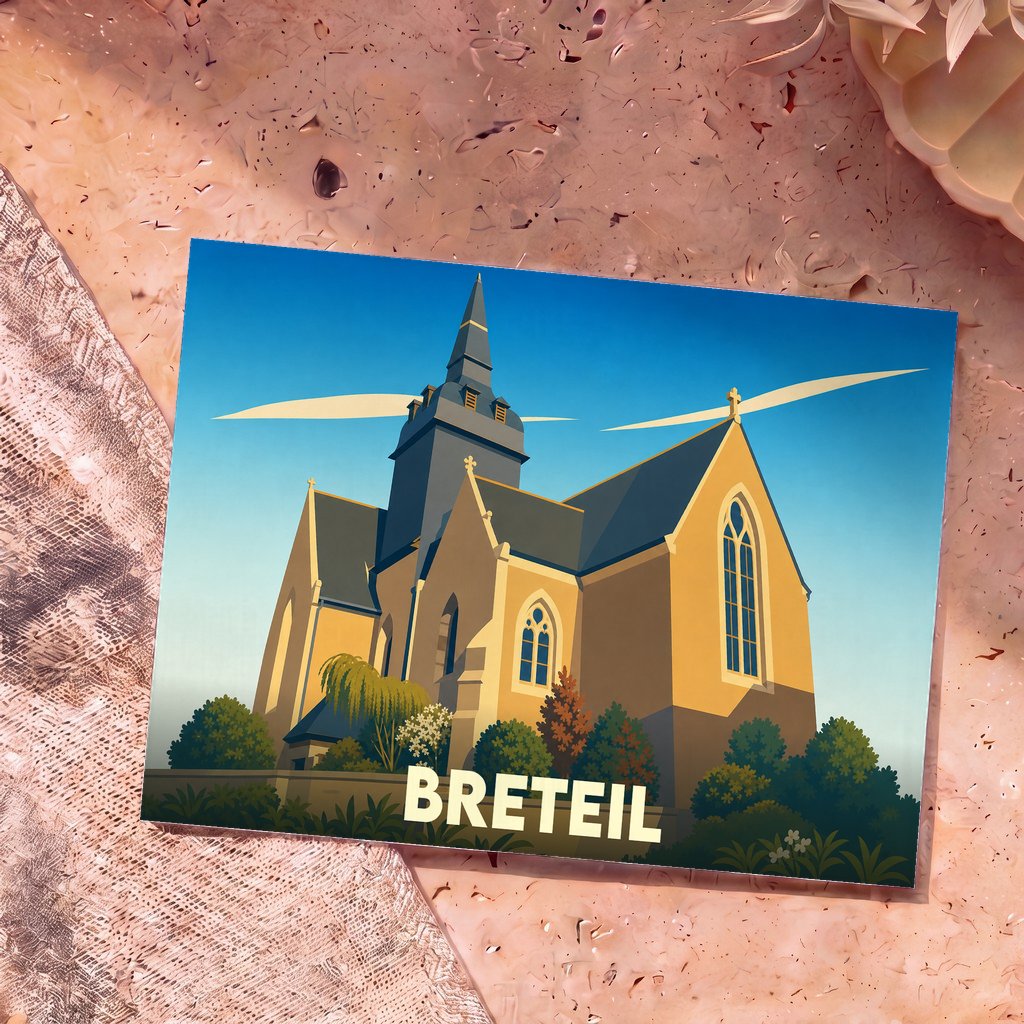 Carte postale souvenir de la ville de Breteil illustrant son église dans un style graphique épuré.