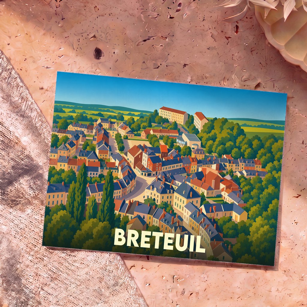 Carte postale souvenir de la ville de Breteuil avec une illustration stylisée et colorée vue du ciel.