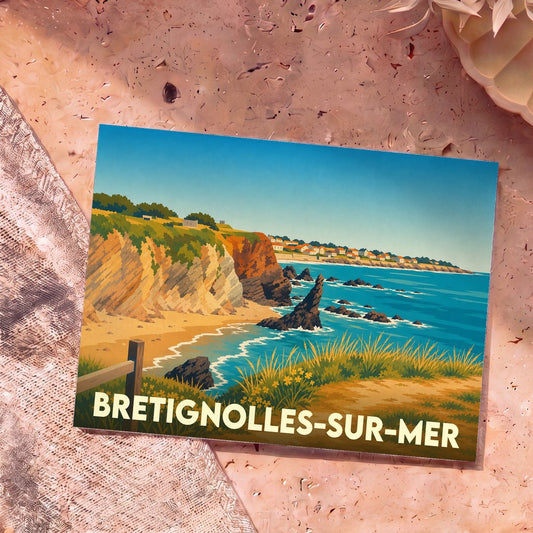 Carte postale souvenir de la ville de Bretignolles-sur-Mer avec une illustration stylisée de son littoral rocheux.