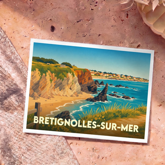 Carte postale souvenir de la ville de Bretignolles-sur-Mer avec une illustration stylisée de son littoral rocheux.