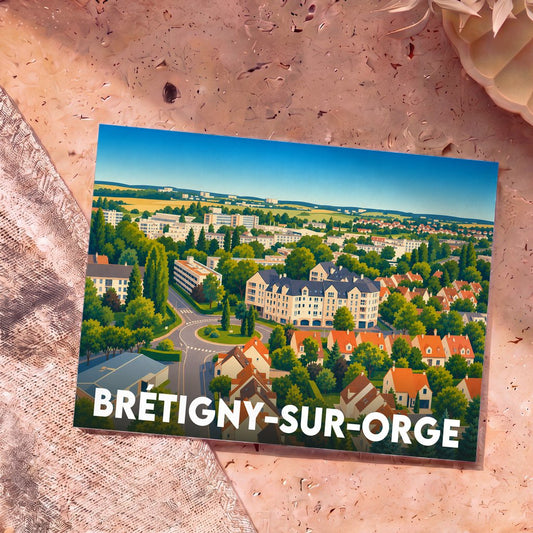 Carte postale souvenir de Brétigny-sur-Orge avec une vue aérienne illustrée et colorée de la ville.