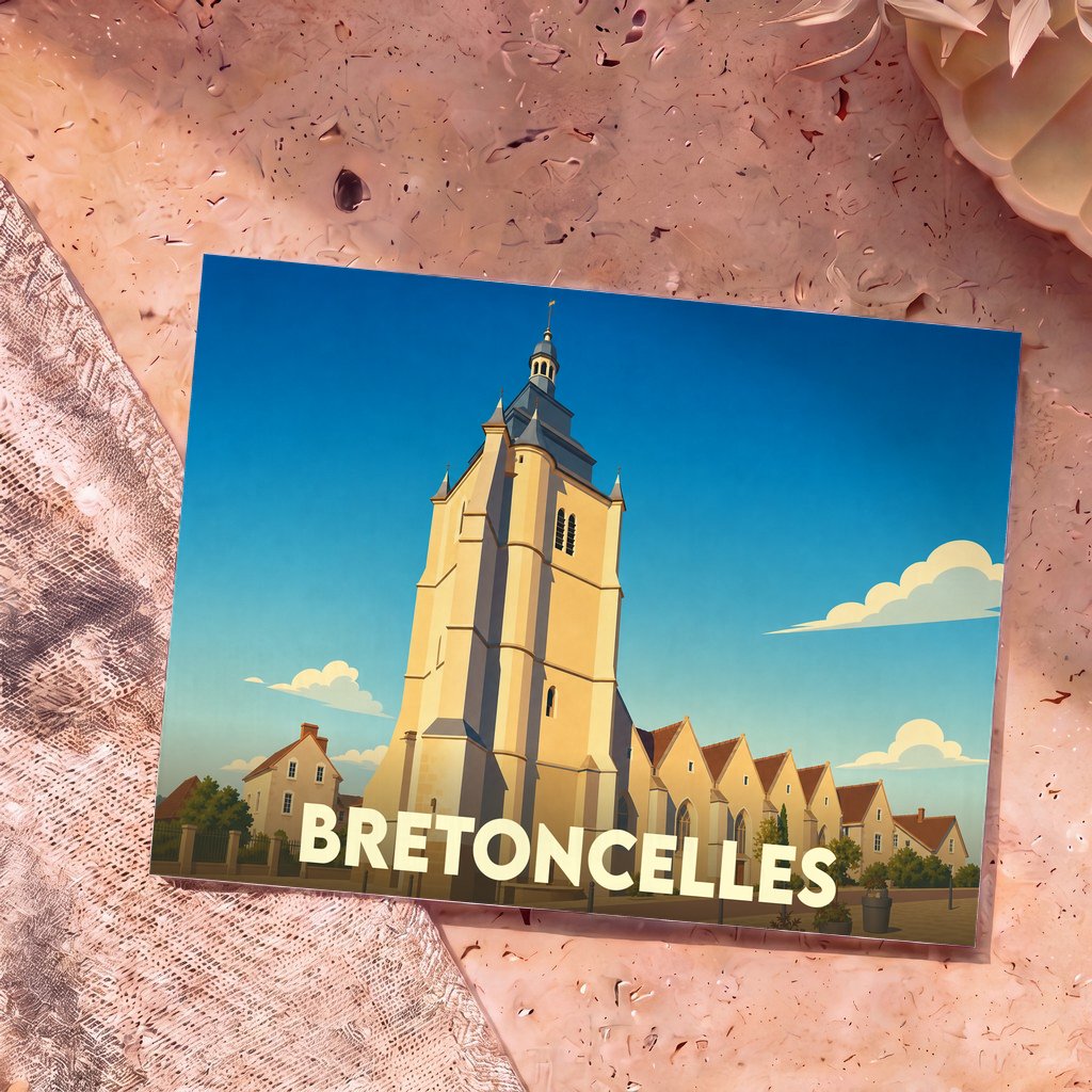 Carte postale souvenir de la ville de Bretoncelles avec une illustration stylisée de son église.