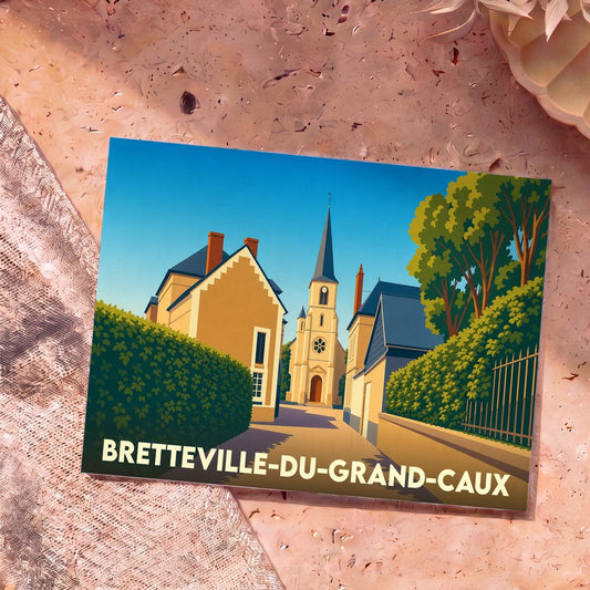 Carte postale souvenir de la ville de Bretteville-du-Grand-Caux avec une illustration stylisée de son église et de ses maisons typiques.