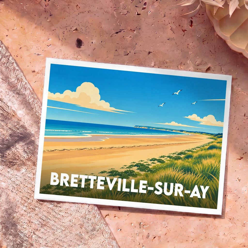 Carte postale souvenir de Bretteville-sur-Ay représentant sa plage et ses dunes dans un style graphique épuré.
