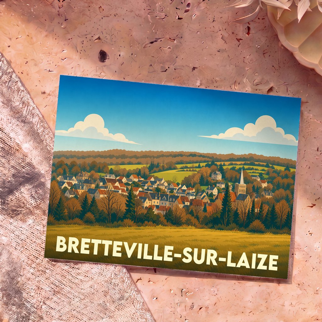 Carte postale souvenir de Bretteville-sur-Laize illustrant le village niché dans une vallée verdoyante.