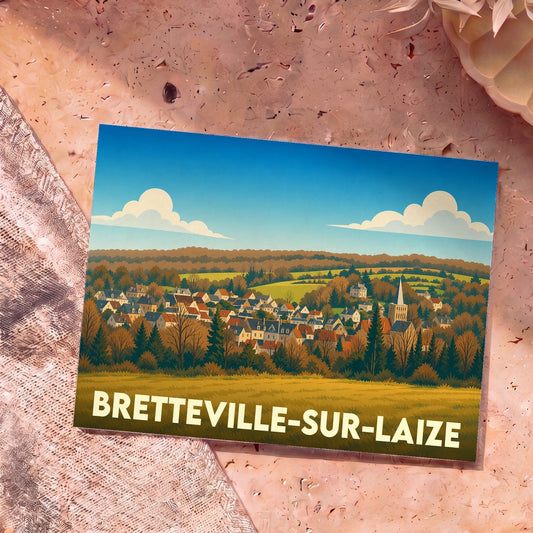 Carte postale souvenir de Bretteville-sur-Laize illustrant le village niché dans une vallée verdoyante.