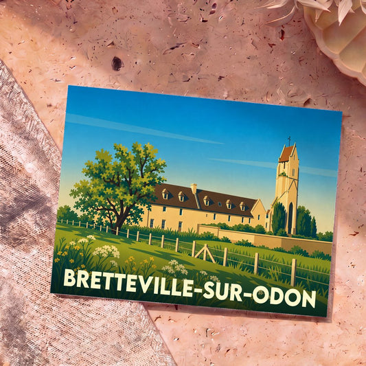 Carte postale souvenir de Bretteville-sur-Odon illustrant son église et ses paysages dans un style graphique épuré.