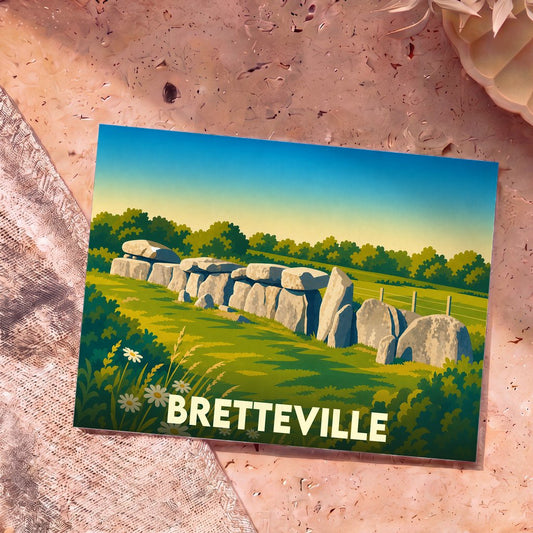 Carte postale souvenir de la ville de Bretteville illustrant une allée couverte mégalithique dans un style graphique épuré.