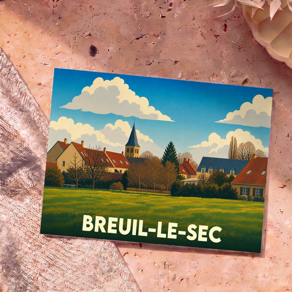 Carte postale souvenir de la ville de Breuil-le-Sec avec une illustration stylisée de ses maisons et de son église.