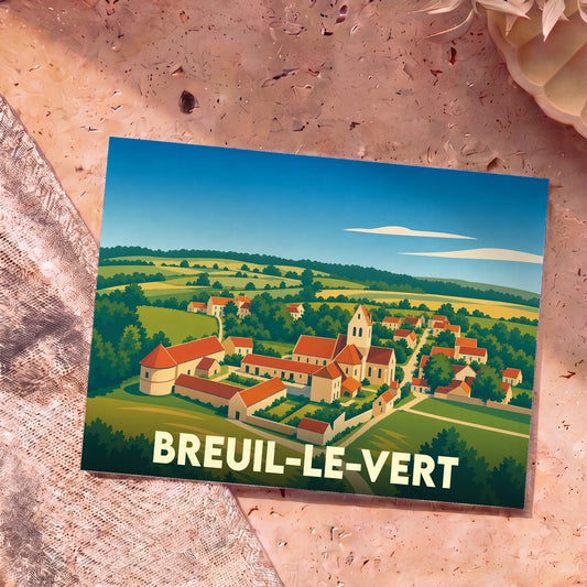 Carte postale souvenir de Breuil-le-Vert avec une illustration stylisée et colorée du village.