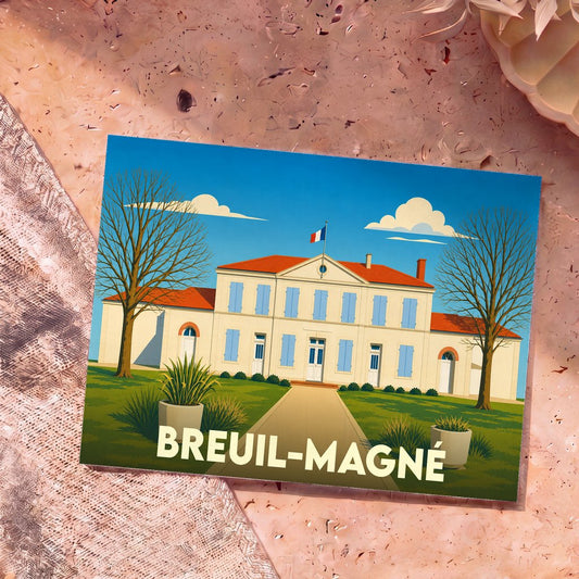 Carte postale souvenir de la ville de Breuil-Magné avec une illustration stylisée de sa mairie.