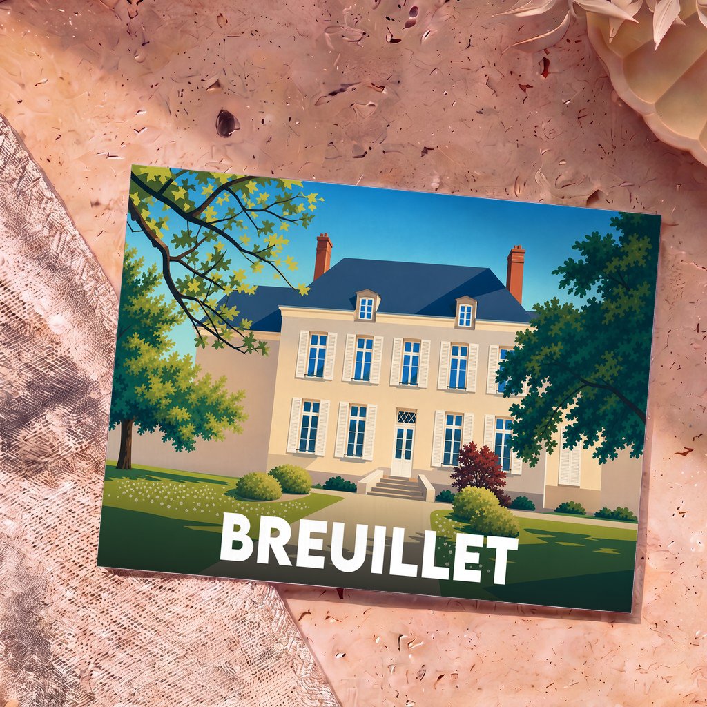 Carte postale souvenir de la ville de Breuillet avec une illustration stylisée d'une demeure bourgeoise.