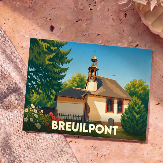 Carte postale souvenir de la ville de Breuilpont avec une illustration stylisée de son église.
