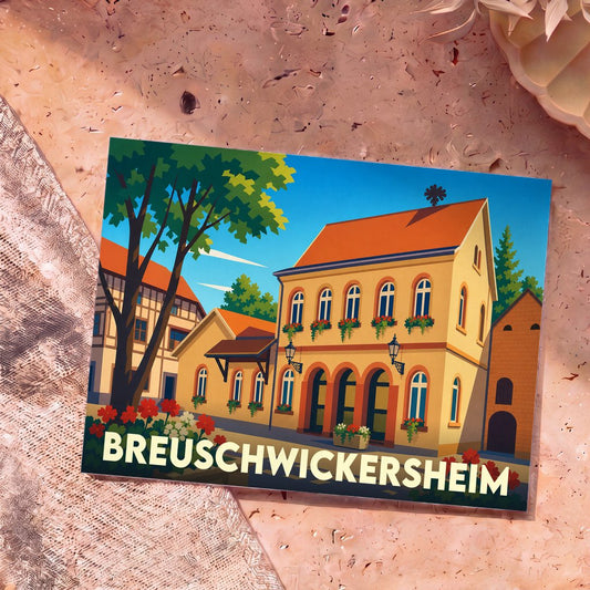 Carte postale souvenir de la ville de Breuschwickersheim avec une illustration stylisée et colorée.