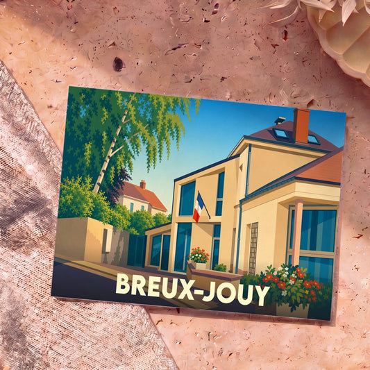 Carte postale souvenir de la ville de Breux-Jouy avec une illustration stylisée de sa mairie.