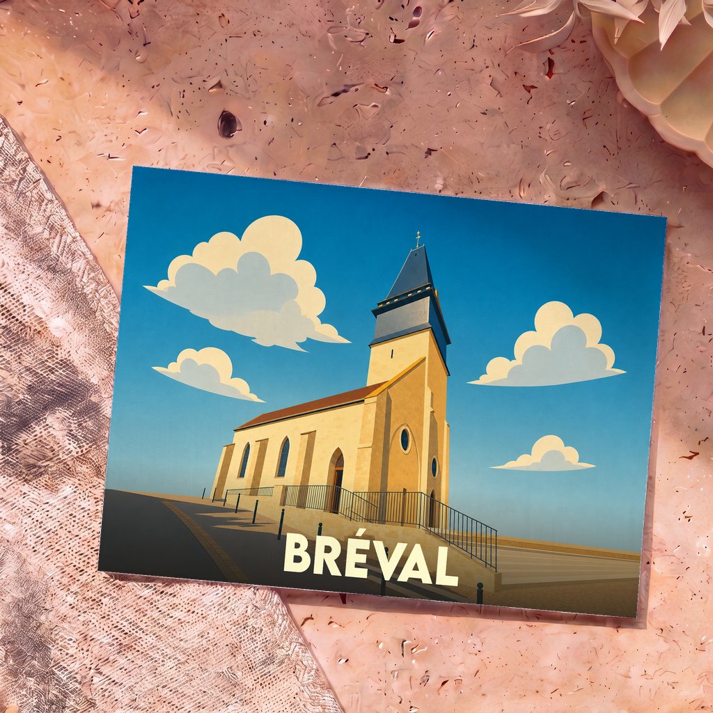 Carte postale souvenir de la ville de Bréval illustrant son église dans un style graphique épuré.