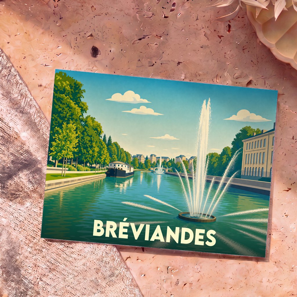 Carte postale souvenir de la ville de Bréviandes avec une illustration stylisée d'un canal et de ses jets d'eau.