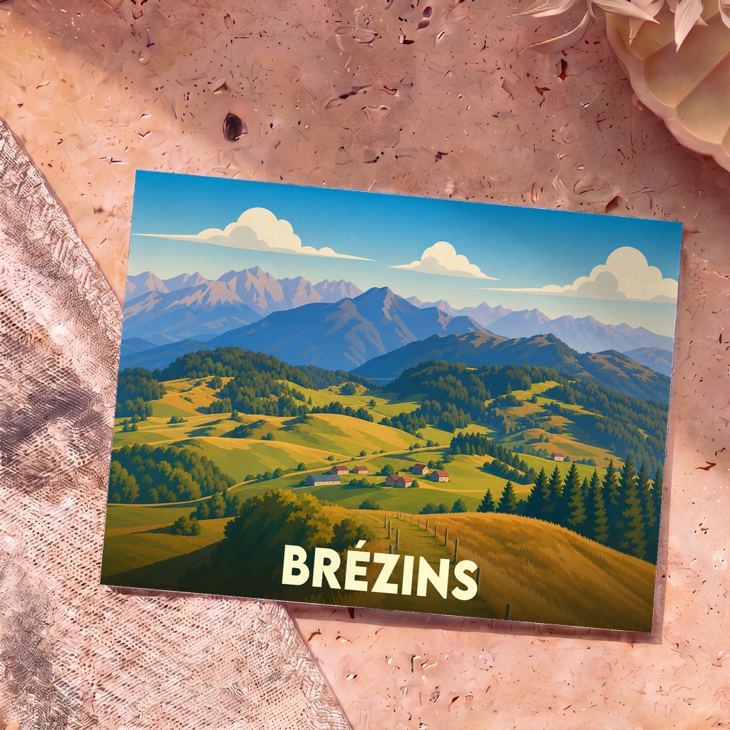 Carte postale souvenir de la ville de Brézins avec une illustration stylisée de paysages montagneux.