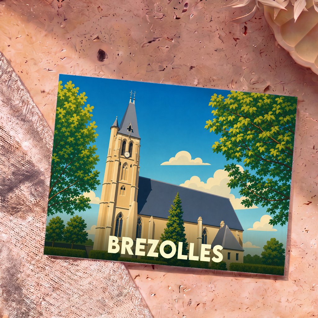 Carte postale souvenir de la ville de Brezolles avec une illustration stylisée de son église.