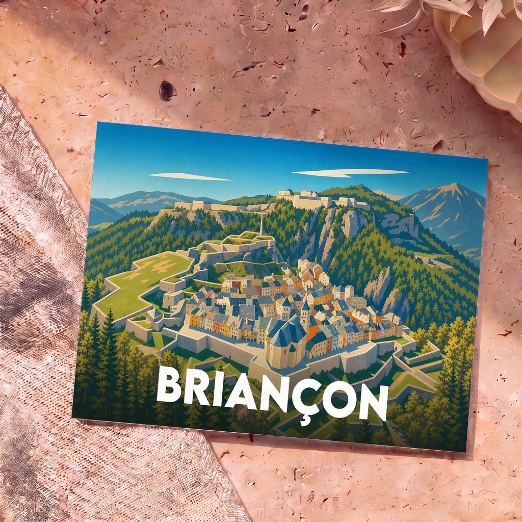 Carte postale souvenir de la ville de Briançon illustrant sa citadelle fortifiée dans un style graphique et coloré.
