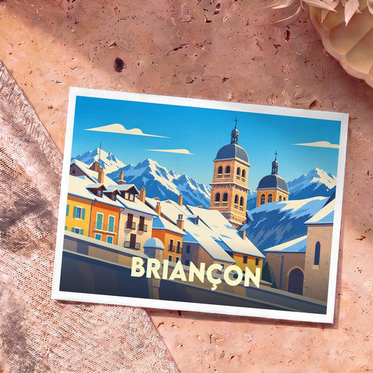 Carte postale souvenir de la ville de Briançon présentant une illustration stylisée et enneigée des montagnes et de la collégiale.