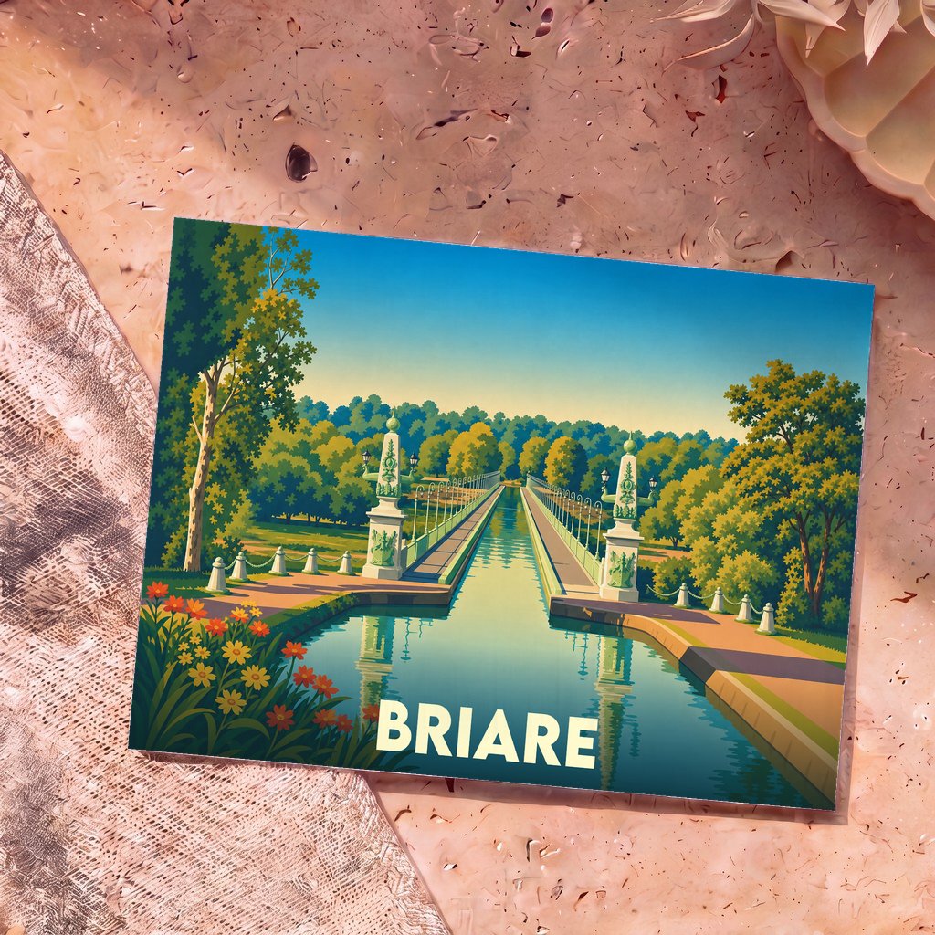 Carte postale souvenir de la ville de Briare représentant son célèbre pont-canal dans un style illustré.