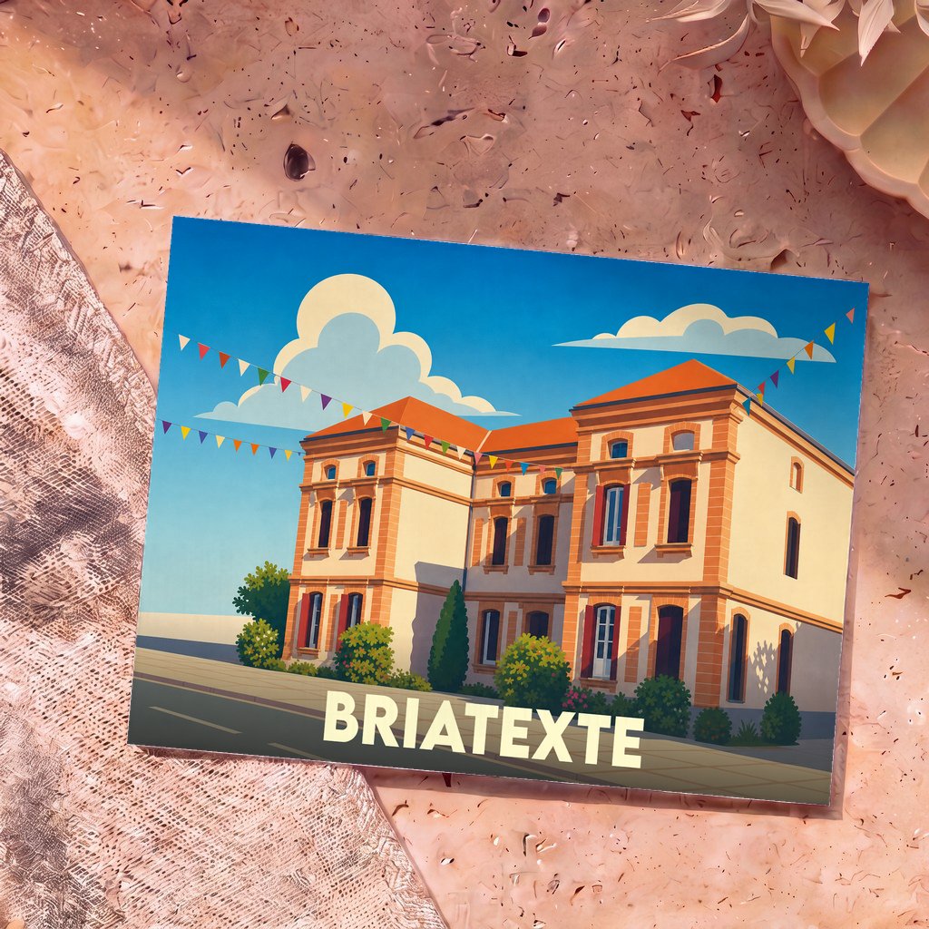 Carte postale souvenir de la ville de Briatexte présentant une illustration stylisée et colorée de la mairie.