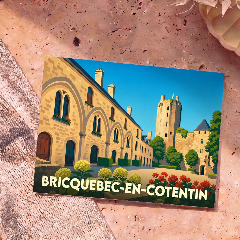 Carte postale souvenir de Bricquebec-en-Cotentin avec une illustration stylisée du château médiéval.