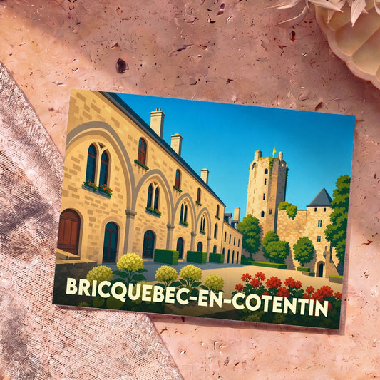 Carte postale souvenir de Bricquebec-en-Cotentin avec une illustration stylisée du château médiéval.