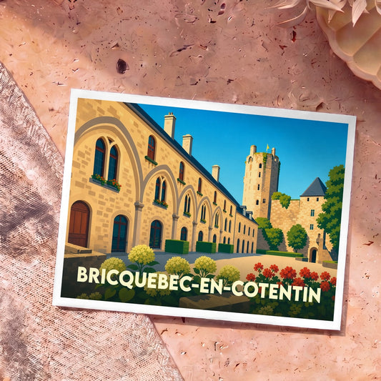 Carte postale souvenir de Bricquebec-en-Cotentin avec une illustration stylisée du château médiéval.