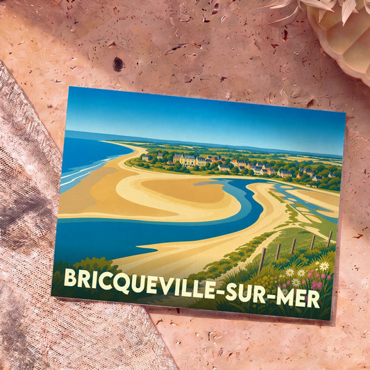 Carte postale souvenir de la ville de Bricqueville-sur-Mer avec une illustration stylisée de son littoral.
