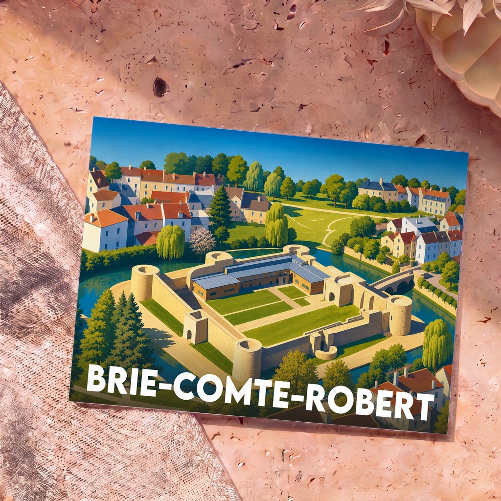 Carte postale souvenir de la ville de Brie-Comte-Robert avec une illustration stylisée de son château médiéval.