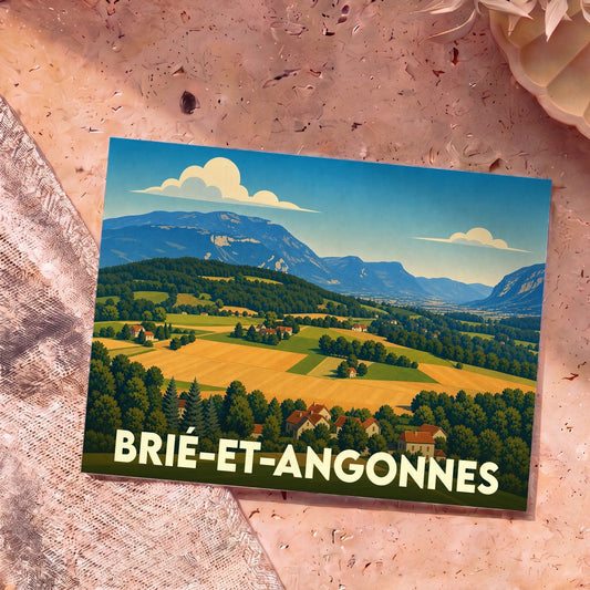 Carte postale souvenir de la ville de Brié-et-Angonnes avec une illustration stylisée de son paysage vallonné.