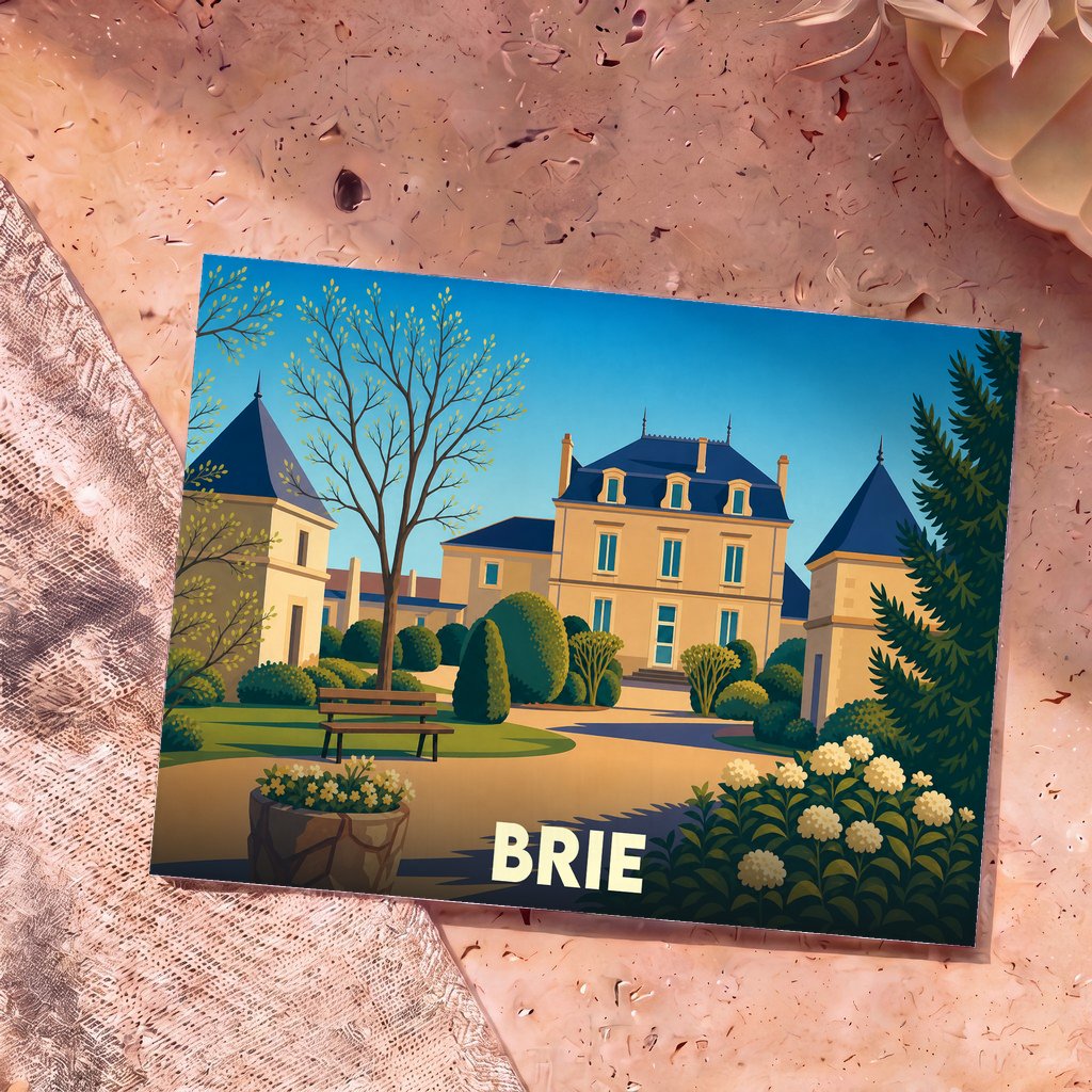 Carte postale souvenir de la ville de Brie illustrant un château stylisé dans un parc arboré.