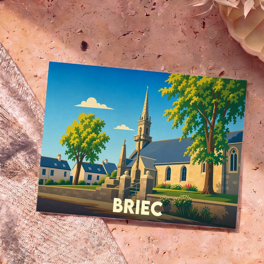 Carte postale souvenir de la ville de Briec avec une illustration stylisée de son église sous un ciel bleu.