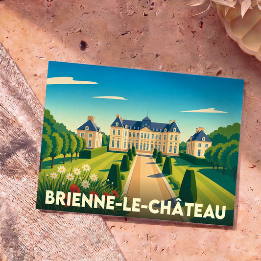 Carte postale souvenir de Brienne-le-Château avec une illustration colorée et stylisée de son château et de ses jardins.