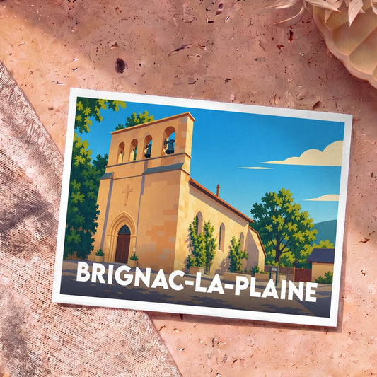 Carte postale souvenir de la ville de Brignac-la-Plaine avec une illustration stylisée de son église.