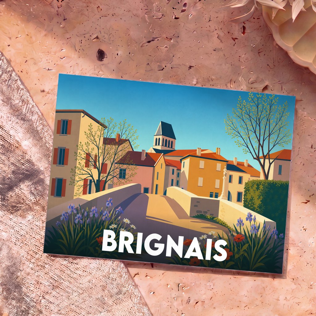 Carte postale souvenir de la ville de Brignais illustrée par un dessin stylisé de son vieux pont et de ses maisons colorées.