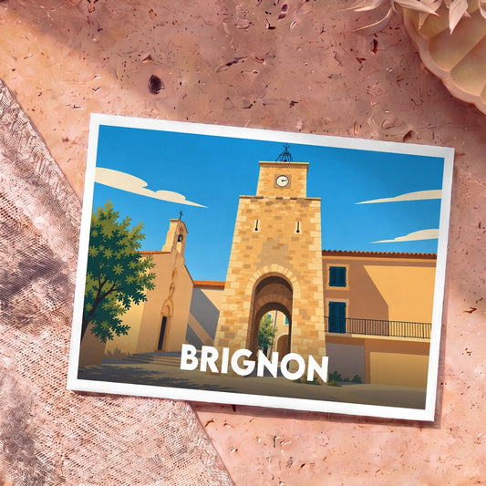 Carte postale souvenir de la ville de Brignon avec une illustration stylisée de sa tour de l'horloge et de son église.