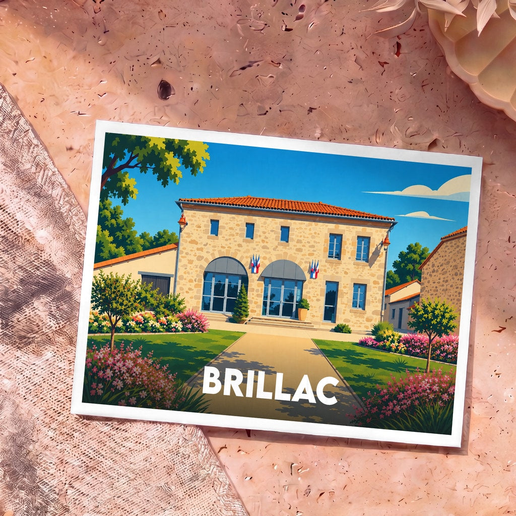 Carte postale souvenir de la ville de Brillac illustrant sa mairie dans un style graphique coloré.