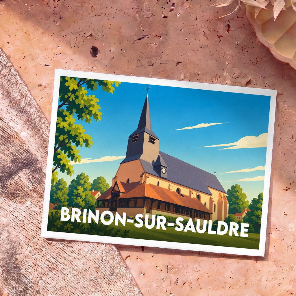 Carte postale souvenir de Brinon-sur-Sauldre illustrant son église avec un style graphique épuré et coloré.