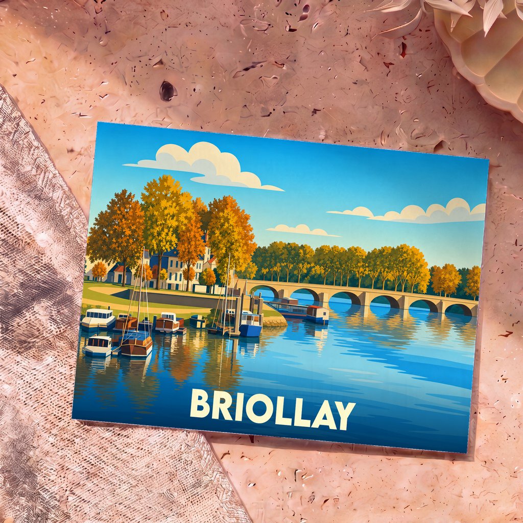 Carte postale souvenir de la ville de Briollay avec une illustration stylisée d'un port fluvial en automne.
