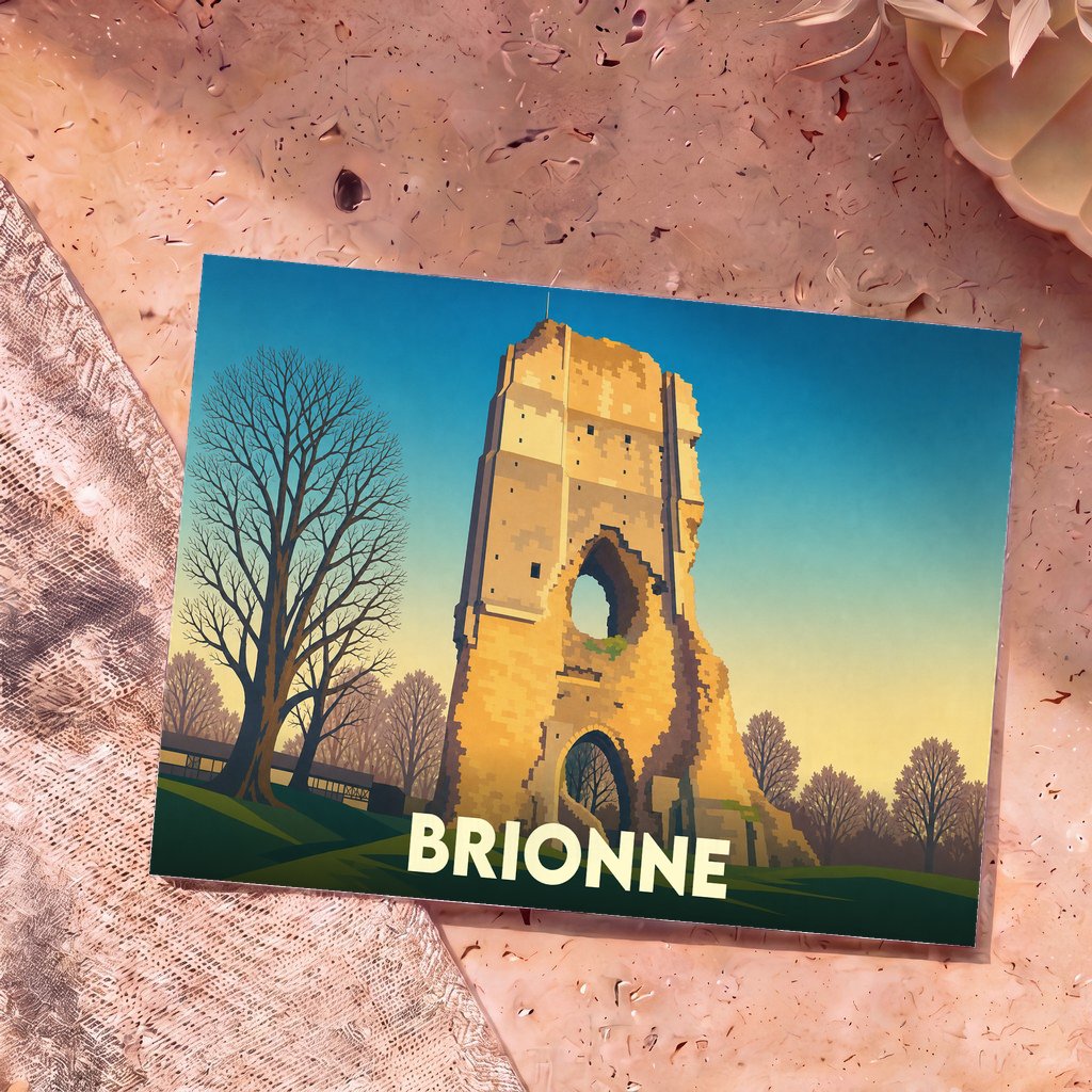 Carte postale souvenir de la ville de Brionne illustrant les ruines de son donjon médiéval dans un style graphique épuré.