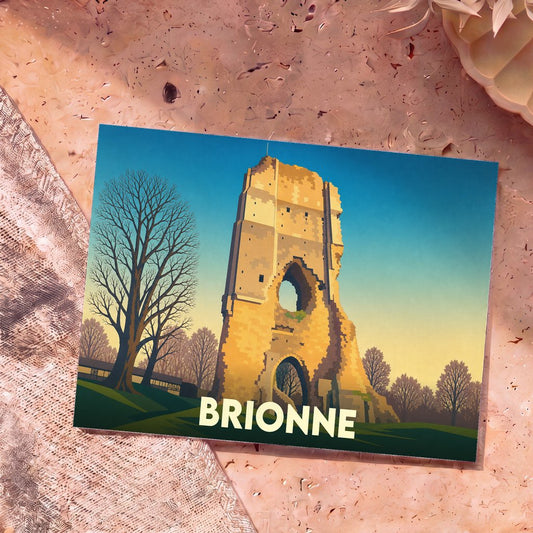 Carte postale souvenir de la ville de Brionne illustrant les ruines de son donjon médiéval dans un style graphique épuré.