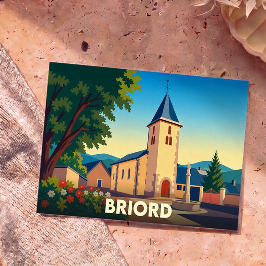 Carte postale souvenir de la ville de Briord illustrant son église et sa place dans un style graphique épuré.