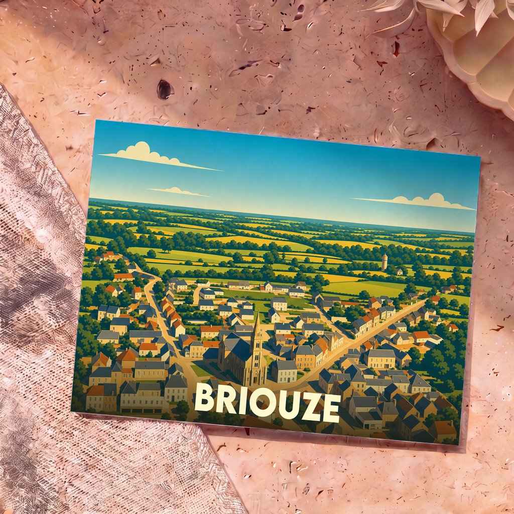 Carte postale souvenir de la ville de Briouze avec une illustration stylisée d'une vue aérienne.