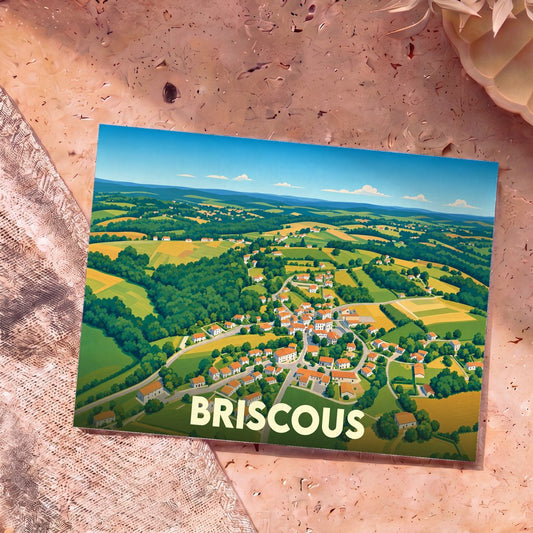 Carte postale souvenir de la ville de Briscous avec une illustration stylisée vue du ciel.