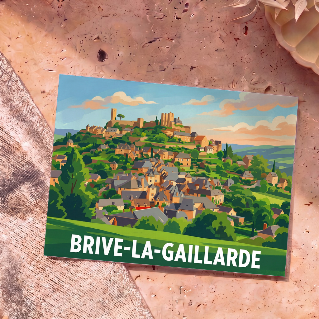Carte postale souvenir de la ville de Brive-la-Gaillarde présentant une illustration colorée et stylisée d'un village perché.
