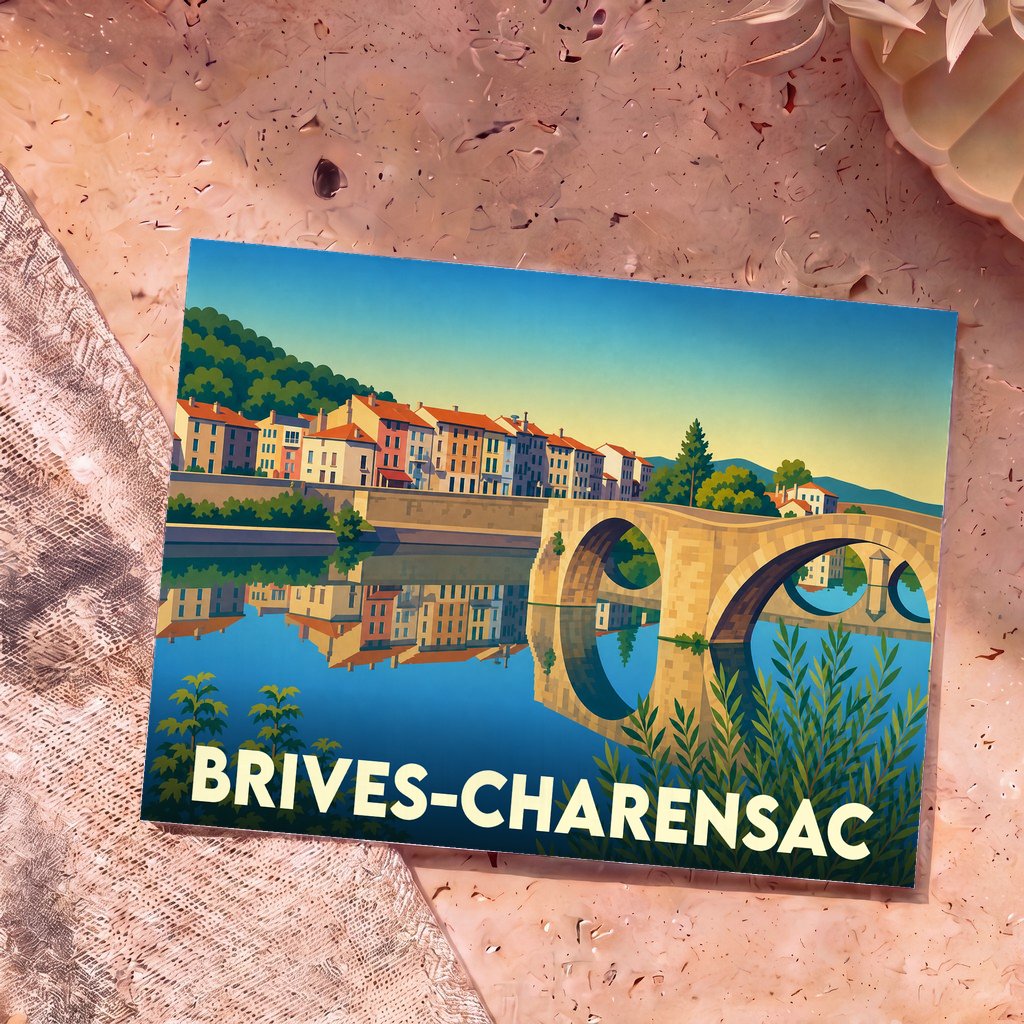 Carte postale souvenir de la ville de Brives-Charensac avec une illustration stylisée de son pont médiéval se reflétant dans l'eau.